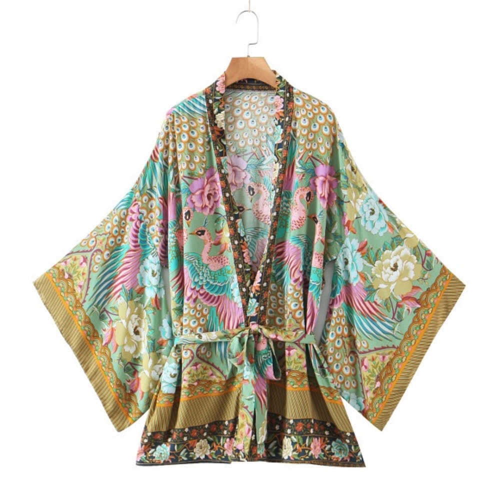 Short Bohemian Peacock Floral Kimono Robe